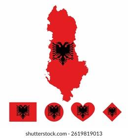Vector set of Albania high detailed map flag and national flag round badge isolated on white background.