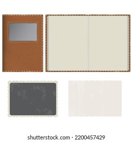 Vector set. An album in a leather cover with a window for a photo. The album is in an open form with cardboard gray pages. Vintage style photo cards with patterned edges.