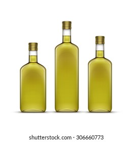 Vector Set of Alcohol Alcoholic Beverages Drinks Whiskey or Sunflower Olive Oil Glass Bottles Isolated on White Background