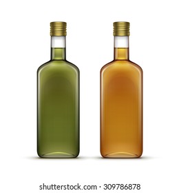 Vector Set of Alcohol Alcoholic Beverages Drinks Whiskey or Sunflower Olive Oil Glass Bottles Isolated on White Background