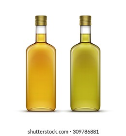 Vector Set of Alcohol Alcoholic Beverages Drinks Whiskey or Sunflower Olive Oil Glass Bottles Isolated on White Background