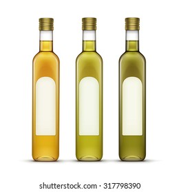 Vector Set of Alcohol Alcoholic Beverages Drinks Whiskey or Sunflower Olive Oil Glass Bottles Isolated on White Background