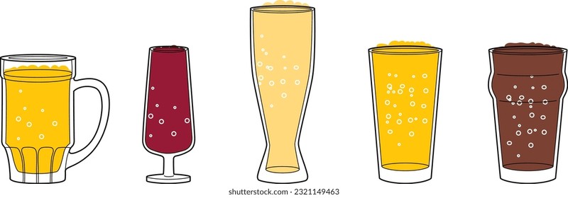 Vector set of alcohol beer glasses. Vector flat  illustration