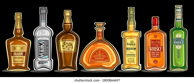 Vector Set of Alcohol Bottles, group of cut out illustrations of hard spirit drinks in bottles with decorative labels, lot collection of cartoon liquor bottles in a row on dark background.