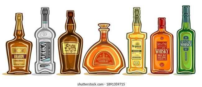 Vector Set de botellas de alcohol, grupo de ilustraciones cortadas de bebidas espirituosas duras en botellas con etiquetas decorativas, gran colección de botellas de licor de dibujos animados en una fila sobre fondo blanco.