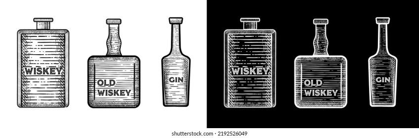 El vector pone botellas de alcohol en tinta, estilo dibujado a mano. aislado en blanco y negro. Botellas de época dibujadas con lápiz. En el fondo blanco y negro.