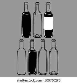 vector set of alcohol bottles of wine or a martini. Perfect for a menu in a restaurant or bar.