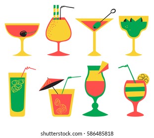 Vector set with alcohol cocktails. Flat cartoon style collection with drinks, juice and decorations in glasses with fruits. Vector illustration for beach summer party, cocktail designs