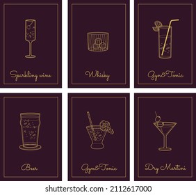 Vector set of alcohol drinks line art illustration. Vector illustration