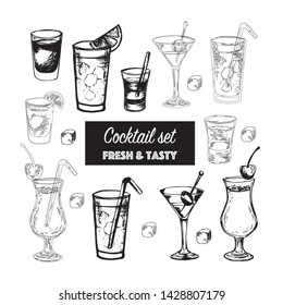 Vector set of alcohol popular cocktails with slices of fruits and decoration of cocktails. Hand draw. Isolated, high resolution elements for summer menu, invitations, vacation design.