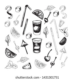 Vector set of alcohol popular cocktails with slices of fruits and decoration of cocktails. Hand draw. Isolated, high resolution elements for summer menu, invitations, vacation design.