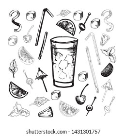 Vector set of alcohol popular cocktails with slices of fruits and decoration of cocktails. Hand draw. Isolated, high resolution elements for summer menu, invitations, vacation design.