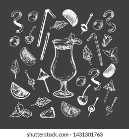 Vector set of alcohol popular cocktails with slices of fruits and decoration of cocktails. Hand draw. Isolated, high resolution elements for summer menu, invitations, vacation design.