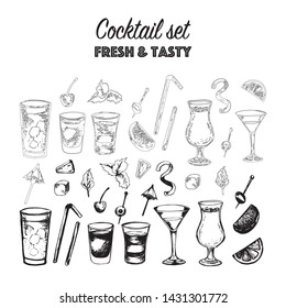 Vector set of alcohol popular cocktails with slices of fruits and decoration of cocktails. Hand draw. Isolated, high resolution elements for summer menu, invitations, vacation design.