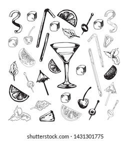 Vector set of alcohol popular cocktails with slices of fruits and decoration of cocktails. Hand draw. Isolated, high resolution elements for summer menu, invitations, vacation design.