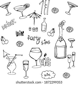 Vector set of alcohol popular cocktails with slices of fruits and decoration of cocktails. Hand draw.