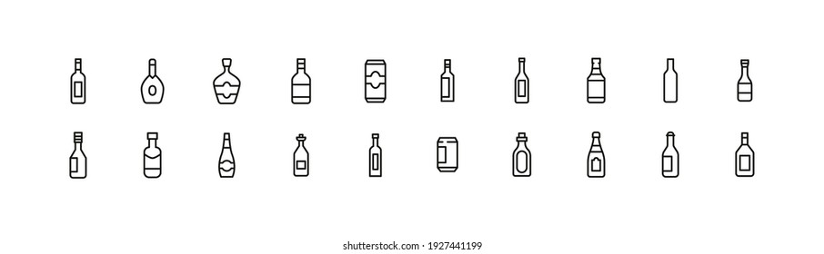 Vector set of alcohol thin line icons. Design of 20 stroke pictograms. Drink signs isolated on a white background.