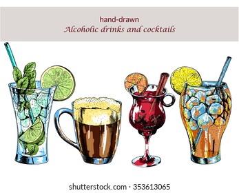 Vector set of alcoholic drinks: beer, mulled wine, mojito, long island. Hand drawn illustration in ink, sketch style.