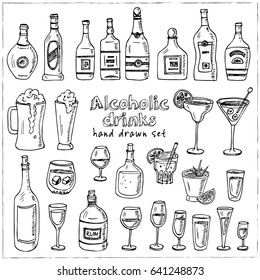 Vector set with alcoholic drinks hand drawn doodles on white background. Various kinds of cocktails and soft drinks. Illustration for menus, recipes and packages product