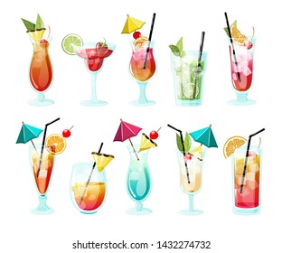 Vector set of alcoholic summer tropical cocktails. Mixed drink glasses for summer beach party. Elements for drink recipes.