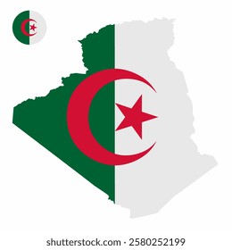 Vector set of Algeria high detailed map flag and national flag round badge isolated on white background.