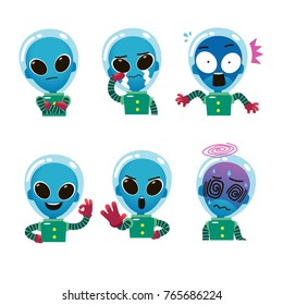 Vector set of alien in different actions, emotions isolated on white background.