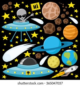 Vector set. Alien, planet, comets, asteroids and stars for your design.