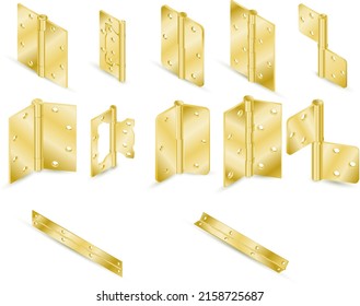 Vector set of all the types of brass butt door hinges, realistic illustration