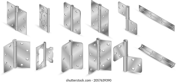 Vector set of all the types of steel butt door hinges, realistic illustration