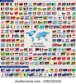 vector set of all world countries waving flags (sovereign states, dependent, overseas territories and other areas). World map with countries names and borders in blue color palette