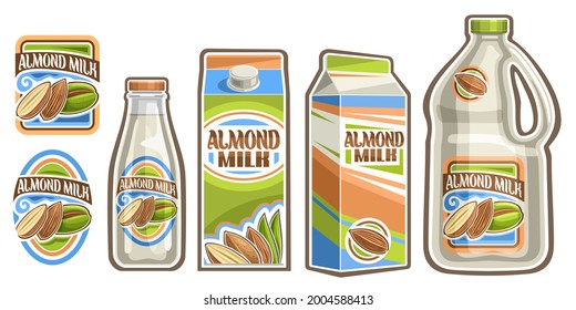 Vector Set of Almond Milk, lot collection of cut out illustrations labels with half and whole almond beans, cartoon bottle with white liquid, cardboard milk boxes and plastic large bottle with handle.