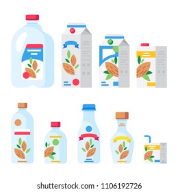 Vector set of almond milk product in various containers. Set of almond milk in different packages: glass, carton, bottle isolated on white background. 