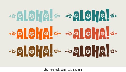 Vector set of aloha word in retro colors, hand drawn text 