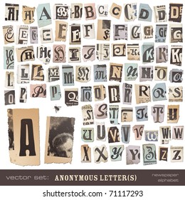 vector set: alphabet based on vintage newspaper cutouts - ideal for your threatening letters, ransom notes or similar ... "projects" (all letters are grouped and highly detailed/textured)