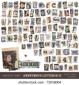 vector set: alphabet based on vintage newspaper cutouts part 2 (lower cases and numbers) - ideal for your threatening letters, ransom notes or similar ... "projects"