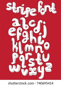 Conjunto de vetor com alfabeto preto e branco letras sequência de A a Z. Desenhado à mão design de fonte em inglês, decorado com listras, escrito em estilo imperfeito em vermelho