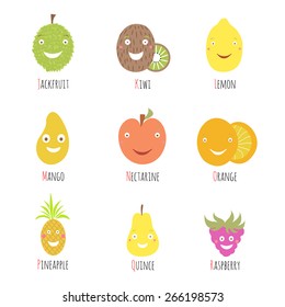 Vector set of alphabet fruits and berries letters. Letter j, k, l, m, n, o, p, r. Jackfruit, kiwi, lemon, mango, nectarine, orange, pineapple, quince, raspberry