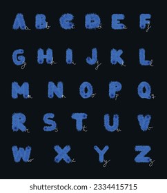 Vector set of alphabet furry effect. Handwritten and modern realistic handwriting font. Black background. Neon. blue. Decorative letters, , banner, cover, birthday or anniversary, vacation party.
