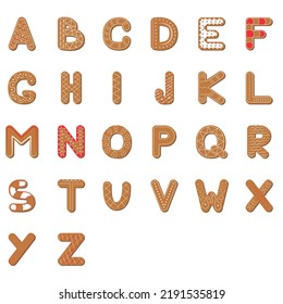 Vector set of alphabet holidays ginger cookie isolated on white background. Merry Christmas and Happy New Year. Christmas font