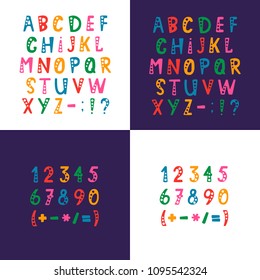 Vector set of alphabet letters, numbers and punctuation symbols. Objects isolated on white and purple backgrounds.