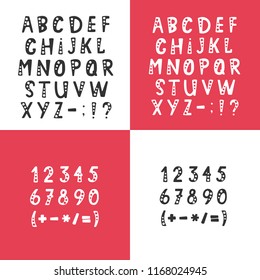 Vector set of alphabet letters, numbers and punctuation symbols. Objects isolated on white and red backgrounds.
