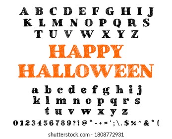 Vector set of alphabet letters, numbers and symbols named Happy Halloween.Isolated vector alphabet letters on a Halloween background vintage named Scary Halloween.party.treat. trick.ghost.symbol.chalk