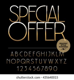 Vector set of alphabet letters, numbers and punctuation symbols. Gold label with text Special offer