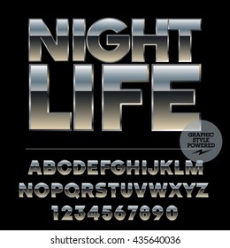 Vector set of alphabet letters, numbers and punctuation symbols. Silver poster with text Night life