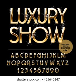 Vector Set Of Alphabet Letters, Numbers And Punctuation Symbols.  Gold Emblem With Text Luxury Show