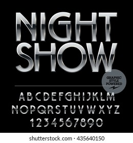 Vector set of alphabet letters, numbers and punctuation symbols. Silver logo with text Night show