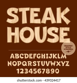 Vector set of alphabet letters, numbers and punctuation symbols. Wood sign with text Steak house