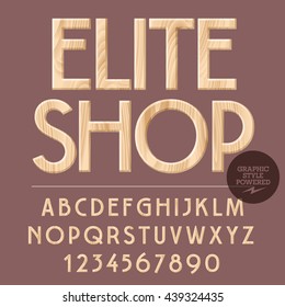 Vector set of alphabet letters, numbers and punctuation symbols. Wooden sign with text Elite shop