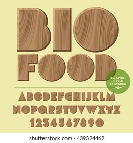 Vector set of alphabet letters, numbers and punctuation symbols. Wooden logotype with text Bio food