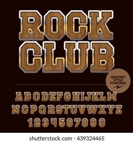 Vector set of alphabet letters, numbers and punctuation symbols. Wooden and metal logotype with text Rock club
